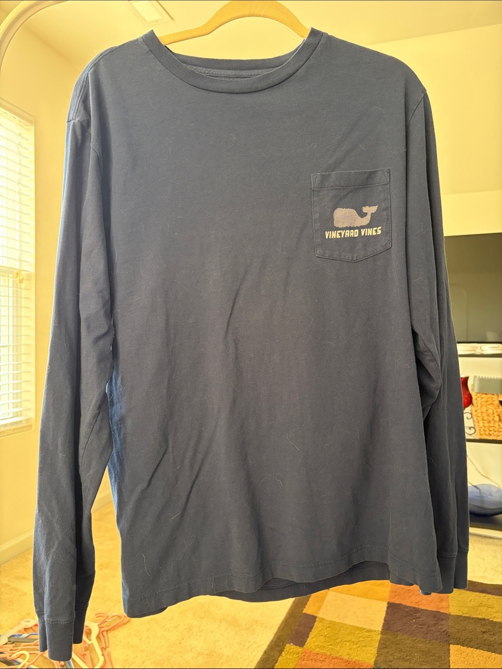 Vineyard Vines Navy Long-Sleeve Pocket Tee with Whale Logo